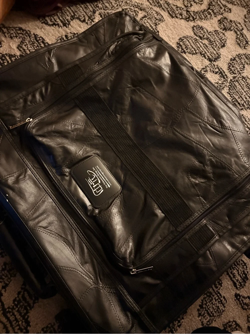 Black Men's Leather Travel Garment Bag with Front Zip Pocket